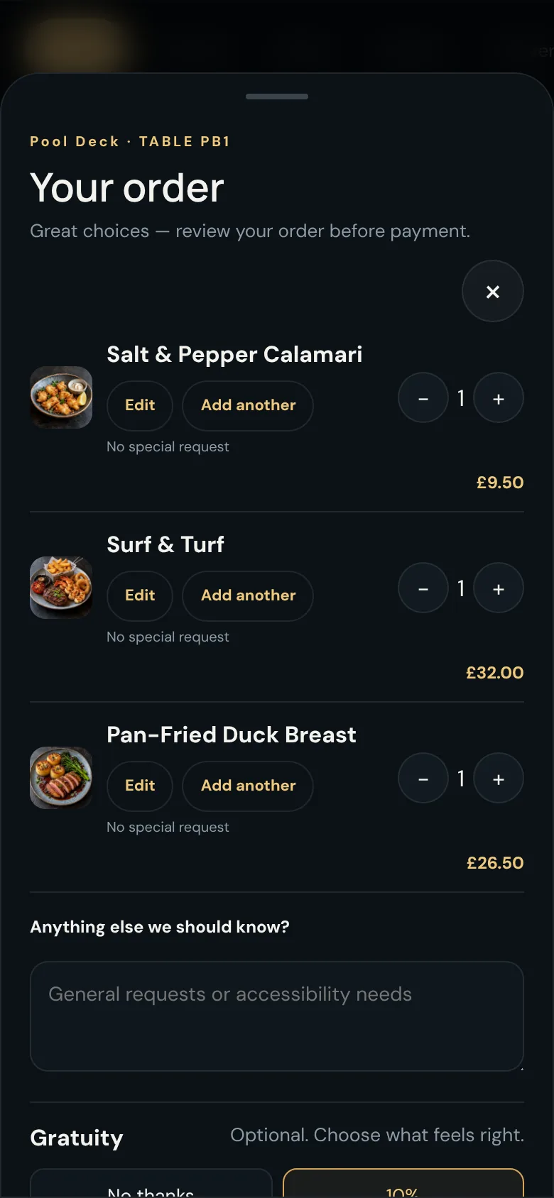 Guest basket with selected dishes, quantity controls and an order notes box