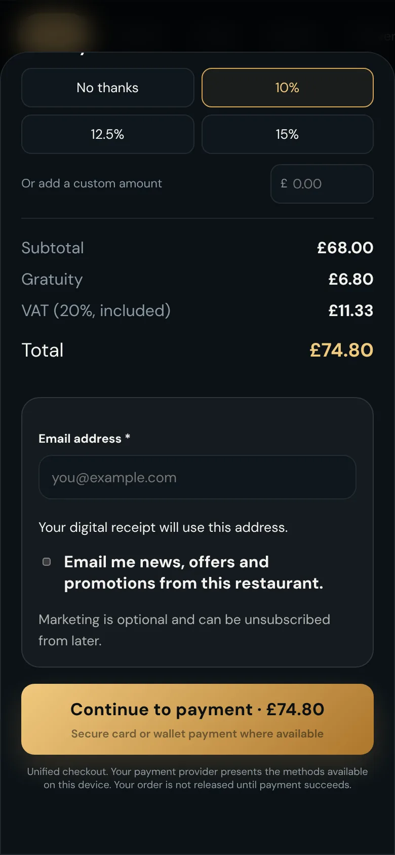 Checkout with an optional tip, VAT shown, an email receipt field and a continue to payment button