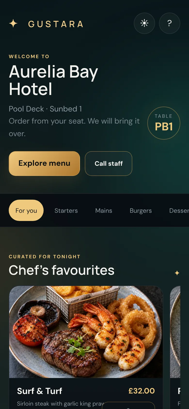 Guest welcome screen on a phone for a pool deck sunbed, with Explore menu and Call staff buttons