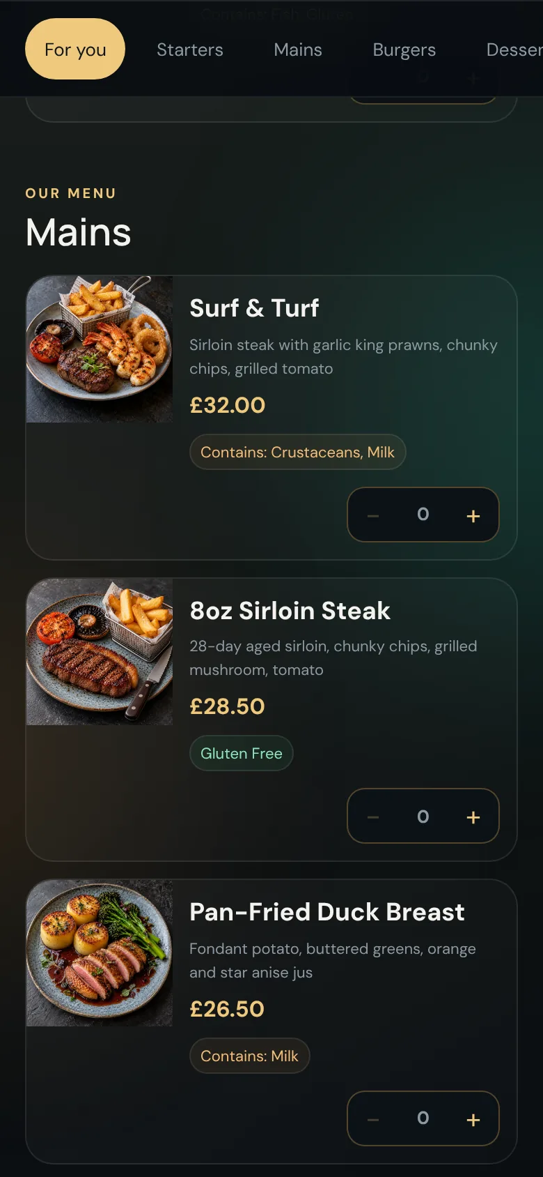 Guest menu list with dishes, prices, dietary tags and allergen labels
