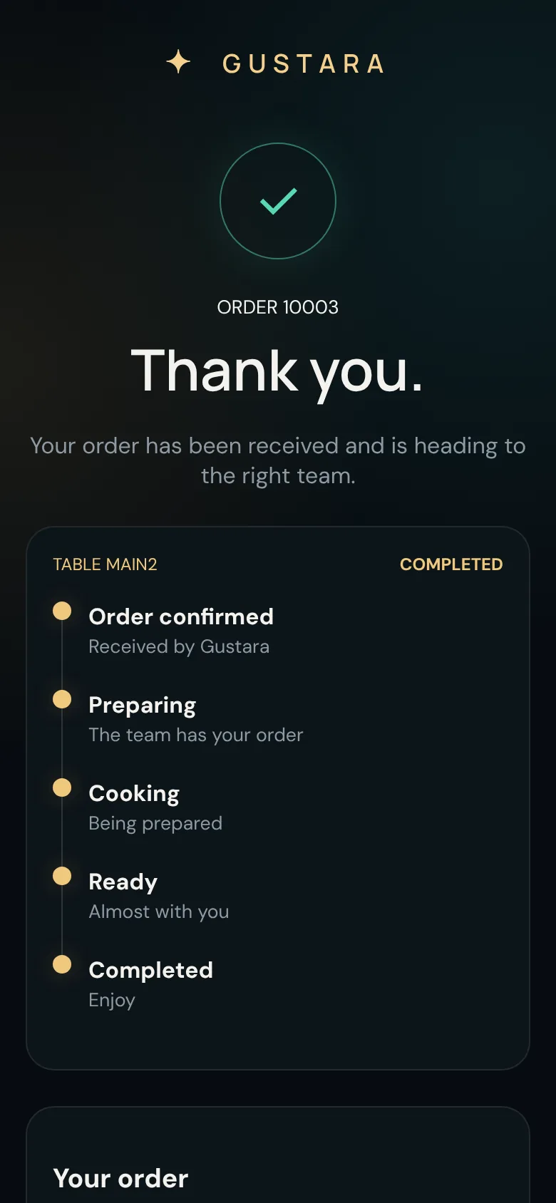 Order confirmation screen with live progress from confirmed to preparing, cooking, ready and completed