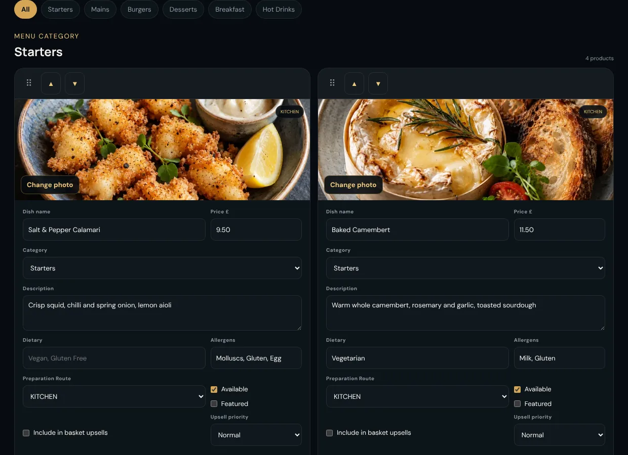 Menu Studio editing dishes with price, category, dietary tags, allergens and availability