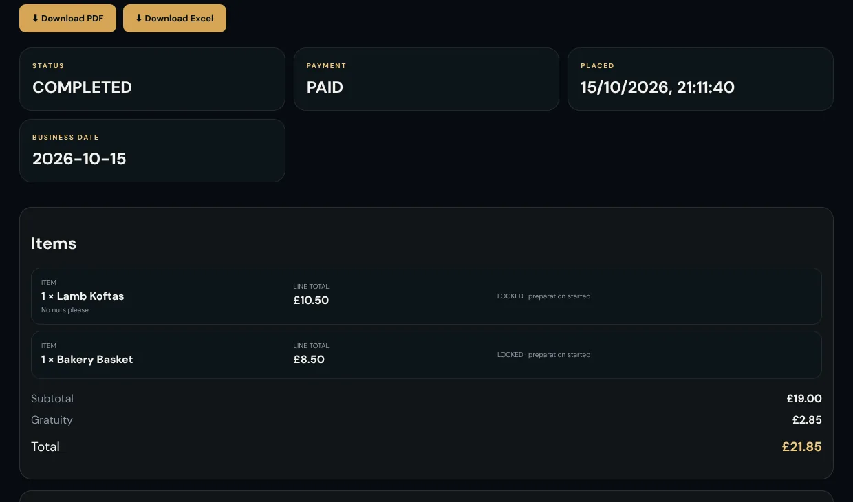 Order investigation view with status, payment state, items, subtotal, gratuity and total