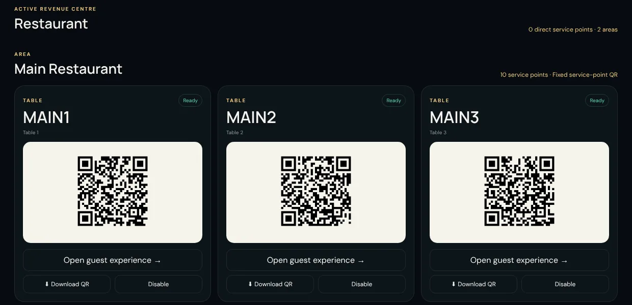 Venue control showing a grid of printable QR codes, one for each table